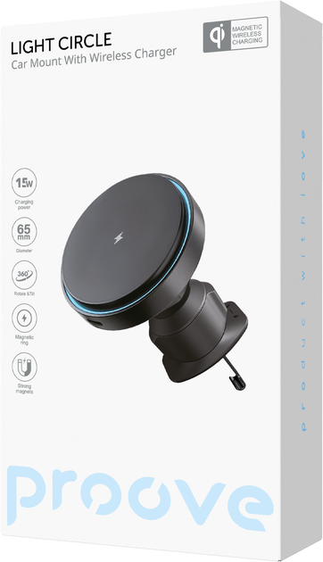 Автодержатель для телефона с беспроводной зарядкой Proove Light Circle 15W Black (479260001) - изображение 4