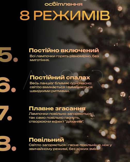 Гирлянда Роса 50 м с теплым белым светом – зеленая нить, пульт, 8 режимов. - изображение 5