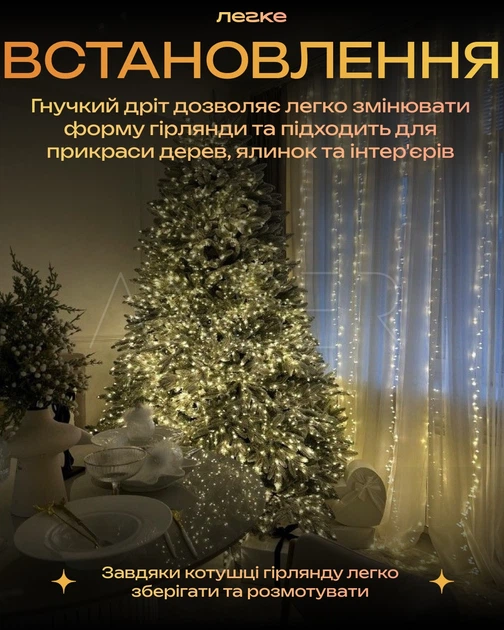 Гирлянда Роса 50 м с теплым белым светом – зеленая нить, пульт, 8 режимов. - изображение 6