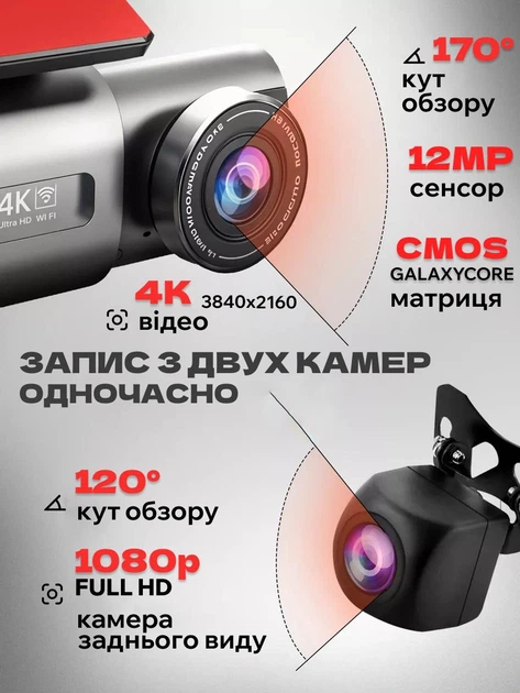 Автомобильный видеорегистратор 4K качество с Wi-Fi и камерой заднего вида FullHD 1080p — двухканальный, ночная съемка, G-сенсор - изображение 5