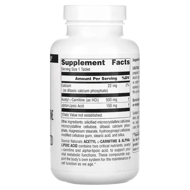 Ацетил L-карнитин + Альфа-липоевая кислота Source Naturals Acetyl L-Carnitine and Alpha Lipoic Acid 120 - изображение 2