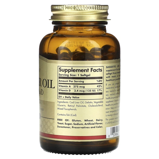 Вітаміни А та Д3 з печінки тріски Solgar (Vitamins A and D3 cod liver oil) 1250 МО/135 МО 100 шт - изображение 2