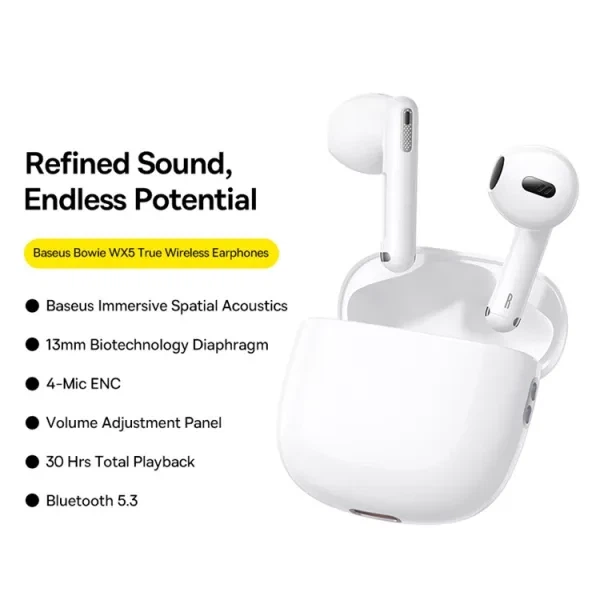 Бездротові Bluetooth навушники Baseus Bowie WX5 True Wireless TWS Earphones White - изображение 7