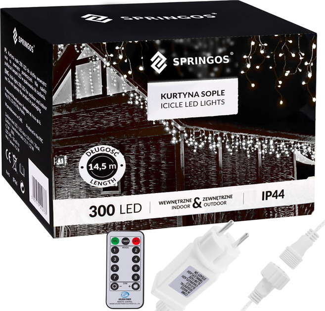 Kurtyna świetlna Springos CL0304 Sople 300 LED z pilotem Zimna biała (5907719412696) - obraz 11