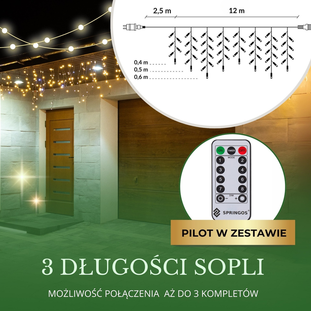 Гірлянда Springos CL0332 Бурульки 300 LED Тепла біла + білий спалах (5907719464398) - зображення 8