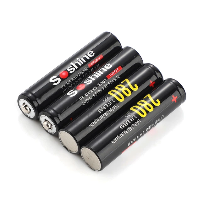 Аккумулятор 10440/AAA LiFePo4 Soshine набор 4шт 10440-3.2-280 +2 обманки, 280mAh, 0.84A, 3.6/3.2/3.0V, Black, Box - изображение 3