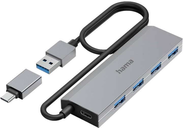 USB-хаб Hama 4 ports USB 3.2 1st Gen + USB-C Grey (HAM200138) - зображення 1
