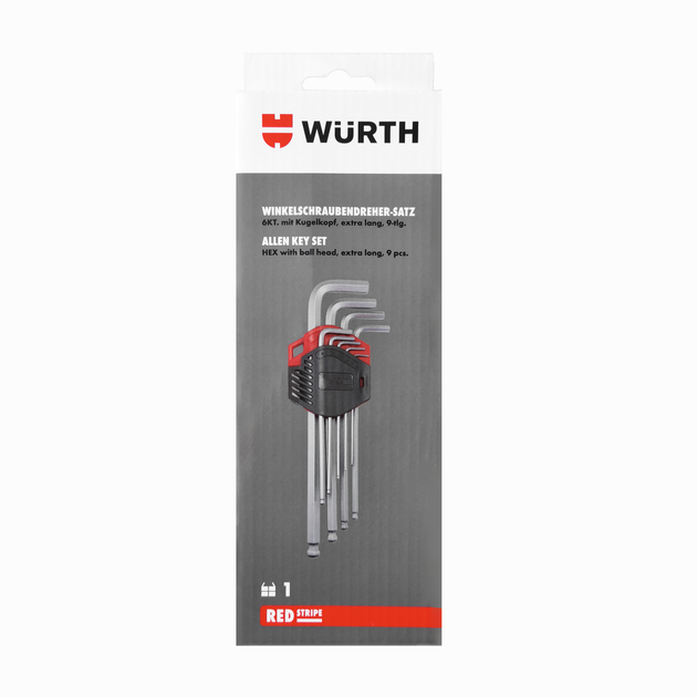 Набір шестигранних ключів WURTH RED STRIPE подовжених з кулькою 1.5-10 мм 9 шт. (575243100) - изображение 3