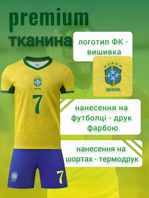 Форма футбольная детская Vini Jr. (Винисиус Жуниор) 7 Brazilian (Сборная Бразилии), сезон 24/25, 22 размер, рост 125-130 см, желто-синяя с зеленым - Фото 3 Форма футбольная детская Vini Jr. (Винисиус Жуниор) 7 Brazilian (Сборная Бразилии), сезон 24/25, 22 размер, рост 125-130 см, желто-синяя с зеленым - изображение 3