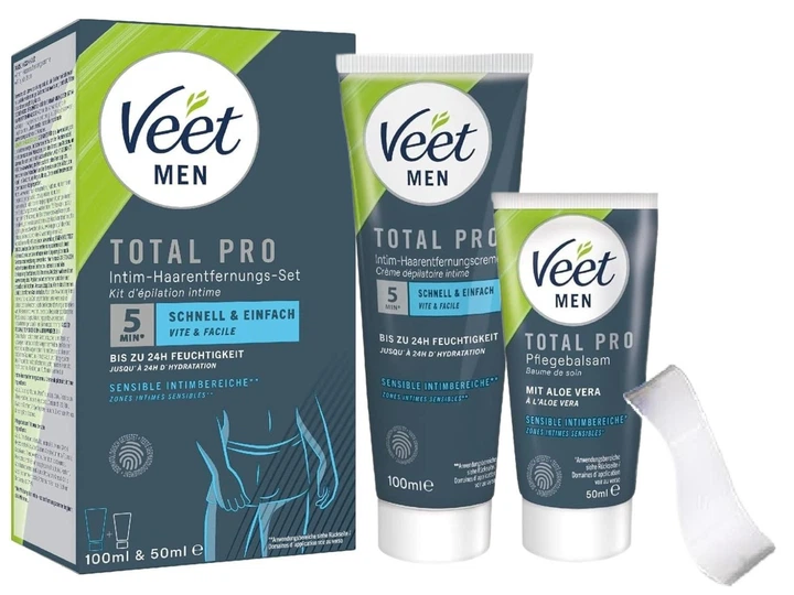 Мужской набор депиляции интимных зон Veet Men Total Pro intima Kit de crema Depilación, мужской крем для удаления волос 100 мл и бальзам после удаления волос 50 мл - изображение 4