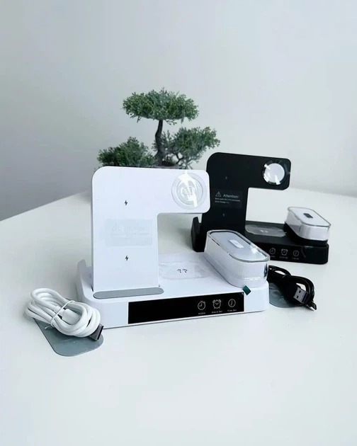 Беспроводная зарядка для Apple Watch iPhone Airpods 30w 5 в 1 Док-станция с часами и ночником - изображение 3