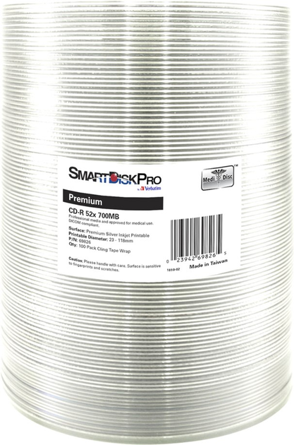Диски SmartDisk PRO by Verbatim CD-R 700MB 52X Premium Silver InkJet Printable WRAP 100 шт (69826) - зображення 1
