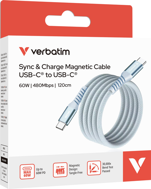 Kabel Verbatim 60 W, USB-C–USB-C, 120 cm Blue (31852) - obraz 4