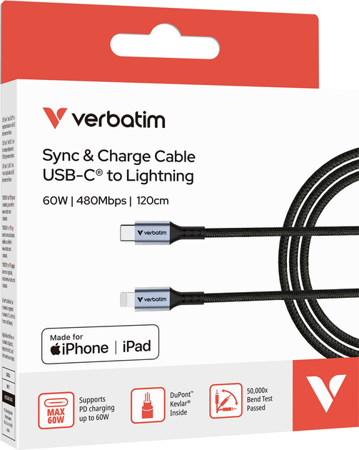 Kabel Verbatim USB-C– Lightning, 120 cm Black (31844) - obraz 4
