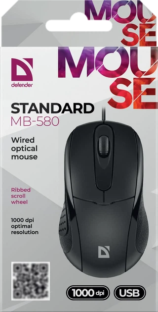 Миша DEFENDER Standard MB-580 3 кнопки, 1000 dpi, чорна - изображение 3