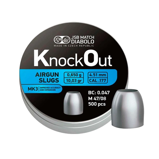 Пули пневматические JSB Diabolo Knock Out Slugs MK3 кал. 4,5 мм 0,650 г 500 шт/уп - Фото 1 Пули пневматические JSB Diabolo Knock Out Slugs MK3 кал. 4,5 мм 0,650 г 500 шт/уп - изображение 1