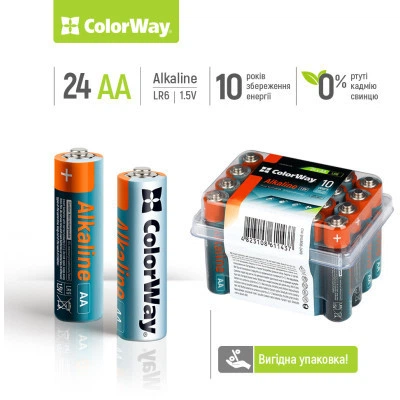 Батарейка ColorWay AA LR6 Alkaline Power (щелочные) * 24 plastic box (CW-BALR06-24PB) - Фото 2 Батарейка ColorWay AA LR6 Alkaline Power (щелочные) * 24 plastic box (CW-BALR06-24PB) - изображение 2