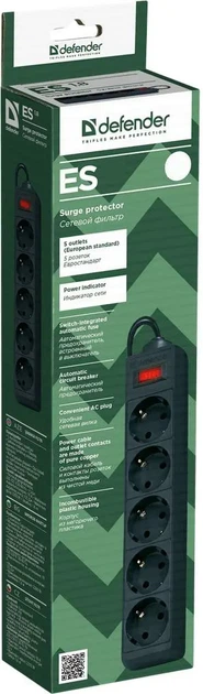 Мережевий фільтр DEFENDER ES 1.8m 5 розеток чорний - изображение 4