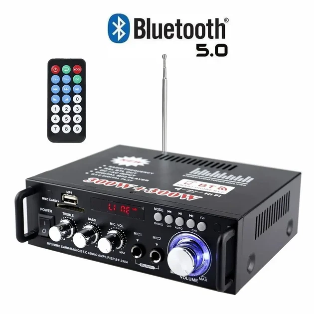 Підсилювач потужності двоканальний 300+300Вт, DiscRadio BT-298А, 12В, 220Вт, Bluetooth 5.0 - зображення 2