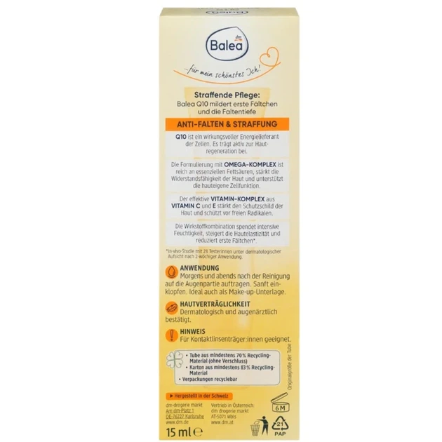 Крем для кожи вокруг глаз Balea Q10 Anti-Falten Augencreme с коэнзимом Q10, 15 мл - Фото 4 Крем для кожи вокруг глаз Balea Q10 Anti-Falten Augencreme с коэнзимом Q10, 15 мл - изображение 4