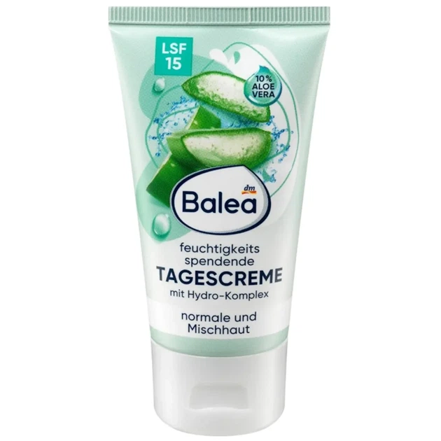 Увлажняющий дневной крем Balea Алоэ Вера 10% SPF 15 для нормальной и комбинированной кожи 50 мл - Фото 1 Увлажняющий дневной крем Balea Алоэ Вера 10% SPF 15 для нормальной и комбинированной кожи 50 мл - изображение 1