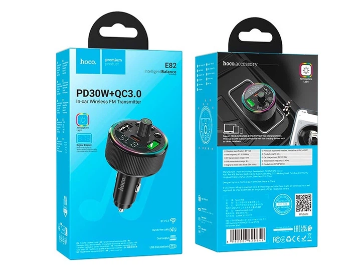 FM модулятор Bluetooth E82 Hoco PD30W+QC3.0 Black - изображение 3