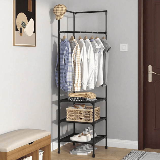 Стійка вішалка кутова для одягу та взуття GTM Loft Mini Organizer сталева підлогова з трьома полицями для взуття стійка для речей стелаж 180*45*45 см Black - зображення 4