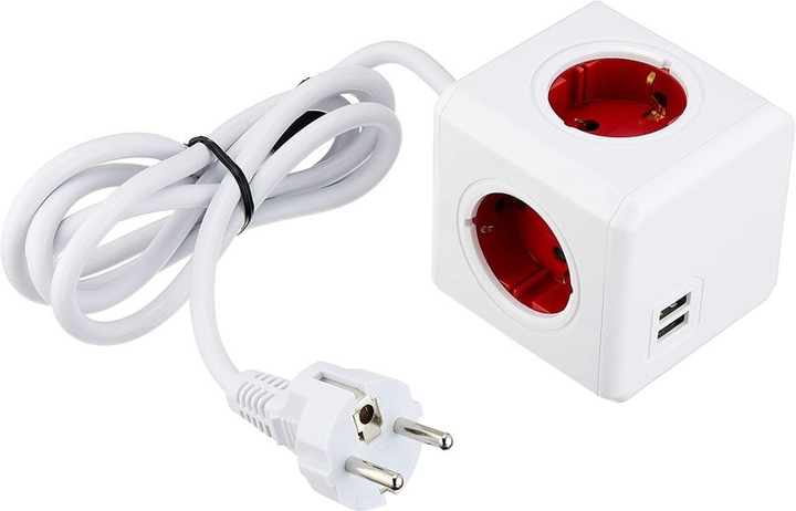 Rozgałęźnik sieciowy Allocacoc PowerCube Extended 2x USB, 4x type E (FR) 1.5 m Red (2402RD/FREUPC) - obraz 4