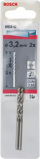 Набір свердел по металу Bosch 3.2 x 65 мм 2 szt 2608585912 (3165140521475) - зображення 1