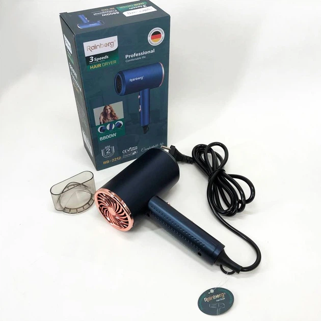 Фен Rainberg RB-2212 8800 W з регуляцією температури та швидкості для сушіння та укладання волосся Синій - изображение 2