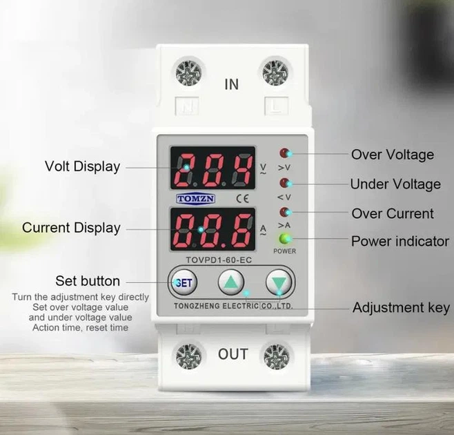 Электронное реле напряжения TOMZN TOVPD1-60-EC (TOVPD1-60-VA) с защитой по току и мощности 60А - изображение 8