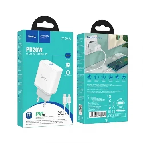 Сетевое зарядное устройство Hoco C104A Stage, single port, PD20W, кабель Type-C to Type-C, Белый - Фото 3 Сетевое зарядное устройство Hoco C104A Stage, single port, PD20W, кабель Type-C to Type-C, Белый - изображение 3
