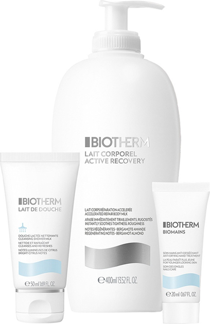 Zestaw do pielęgnacji ciała Biotherm Lait Corporel Active Recovery Balsam 400 ml + Mleczko oczyszczające pod prysznic 50 ml + Biomains Pielęgnacja dłoni i paznokci 20 ml (3614274484533) - obraz 2