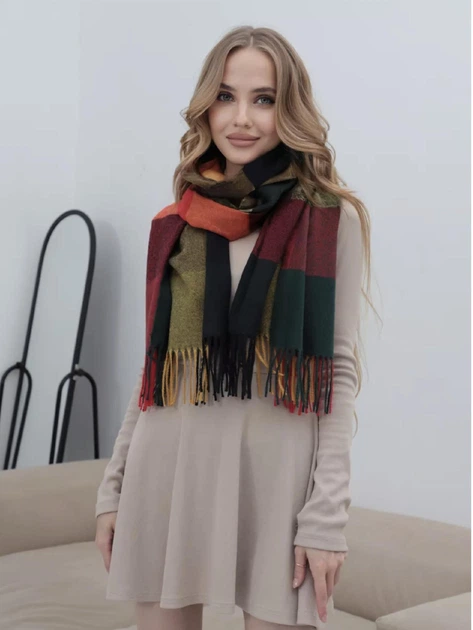 Палантин кашемировый шарф женский теплый оранжевый зеленый зимний клетчатый стильный с бахромой 180x70 см - Фото 4 Палантин кашемировый шарф женский теплый оранжевый зеленый зимний клетчатый стильный с бахромой 180x70 см - изображение 4