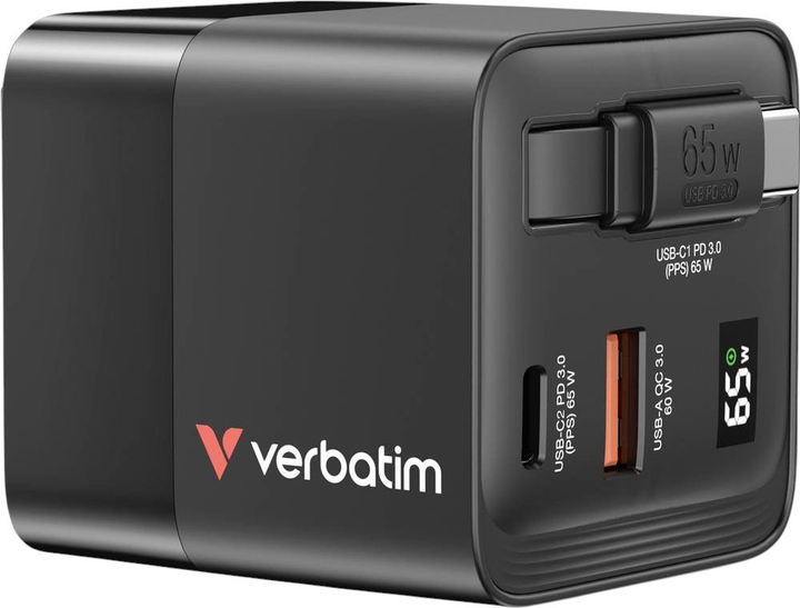 Мережевий зарядний пристрій Verbatim GaN Retractable Cable 65W Black (0023942322177) - зображення 1