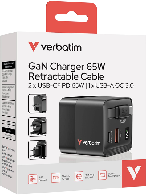 Мережевий зарядний пристрій Verbatim GaN Retractable Cable 65W Black (0023942322177) - зображення 8