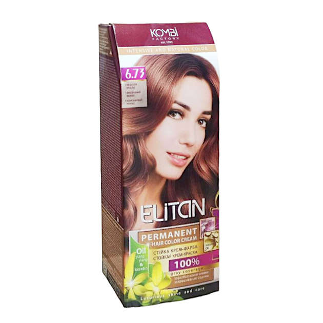 Стойкая крем-краска для волос Elitan intensive and natural color тон 6.73 — Изысканный мокко Kombi Factory (4820000114158) - Фото 1 Стойкая крем-краска для волос Elitan intensive and natural color тон 6.73 — Изысканный мокко Kombi Factory (4820000114158) - изображение 1