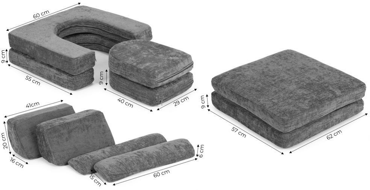 Sofa modułowa EcoToys dla dzieci duża 2-osobowa DIY 10 miękkich poduch tkanina szenilowa Szara (5905817007530) - obraz 9