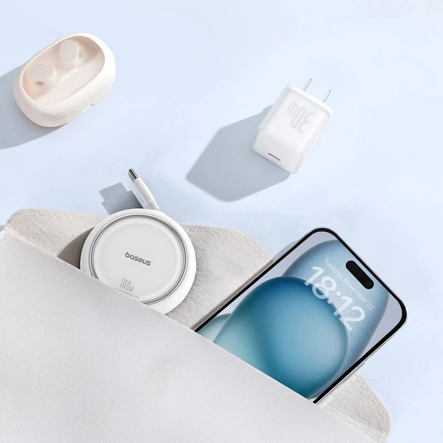USB кабель-рулетка Type-C до Type-C Baseus Free2Draw Mini Retractable Charging Cable (1.5m, 100W). White - Фото 8 USB кабель-рулетка Type-C до Type-C Baseus Free2Draw Mini Retractable Charging Cable (1.5m, 100W). White - зображення 8