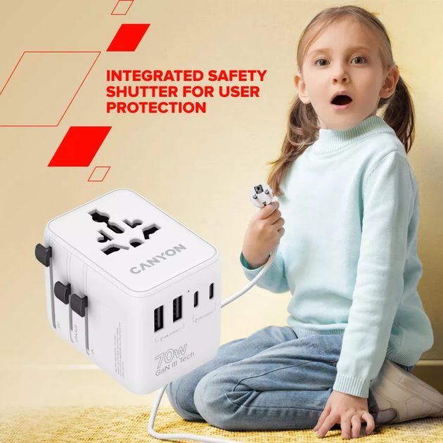 Мережевий зарядний пристрій Canyon OnTour 70 Travel Adapter EU/UK/US/AUS 70W White (CNS-TA70W1006W) - зображення 9