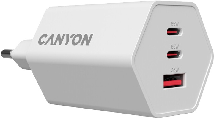 Зарядний пристрій Canyon Hexagon 65 GaN 65W 2xPD 1xQC EU White (CND-CHAHEX65W) - зображення 1