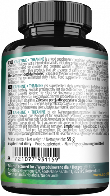Suplement diety Apollo's Hegemony Caffeine + Theanine 120 kapsułek (8721077931159) - obraz 2