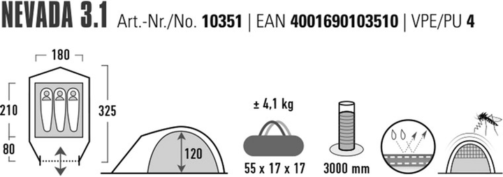 Namiot trzyosobowy High Peak Nevada 3.1 Zielony (4001690103510) - obraz 14
