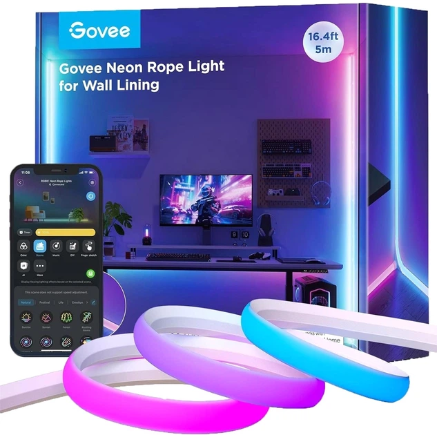 Taśma LED inteligentna Govee H6641 Neon Rope Light do montażu na ścianie, 5 m, RGBIC, WI-FI/Bluetooth Biała (H66413D1) - obraz 1