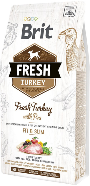 Sucha karma dla dorosłych psów o niskiej aktywności Brit Fresh Adult Fit & Slim z nadwagą oraz starszych Indyk i groszek 2.5 kg (8595602530809) - obraz 1