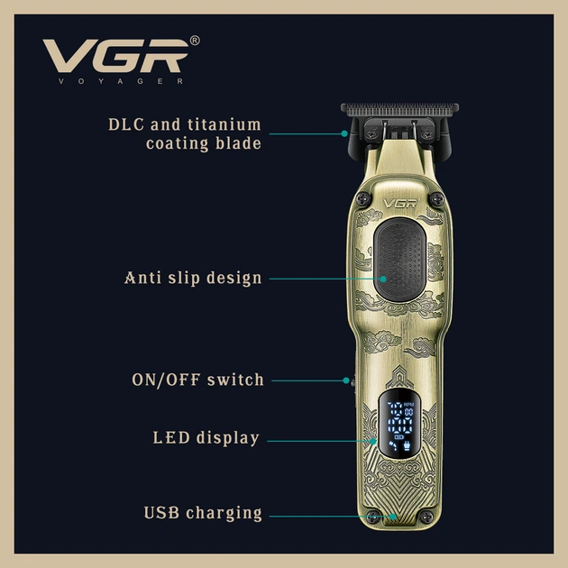 Тример для стрижки VGR V-954 Золотистий 7000 RPM з LED-дисплеєм 4 насадки - зображення 3