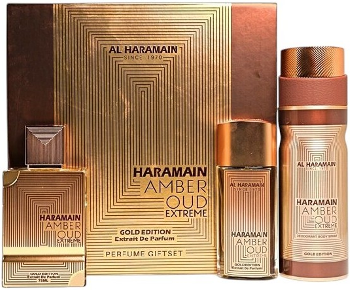 Набір унісекс Al Haramain Парфуми Amber Oud Gold Edition Extreme 75 мл + Парфуми Amber Oud Gold Edition Extreme 30 мл + Дезодорант-спрей 200 мл (6291106814330) - зображення 1