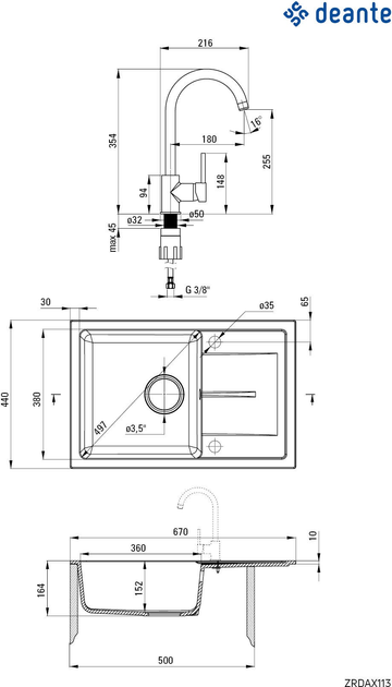 Zlewozmywak granitowy z baterią Deante Leda 670x440x164 mm (ZRDA2113) - obraz 3