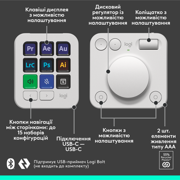 Консоль Logitech MX Creative Console Bluetooth/USB Pale Grey (920-012932) - Фото 7 Консоль Logitech MX Creative Console Bluetooth/USB Pale Grey (920-012932) - изображение 7