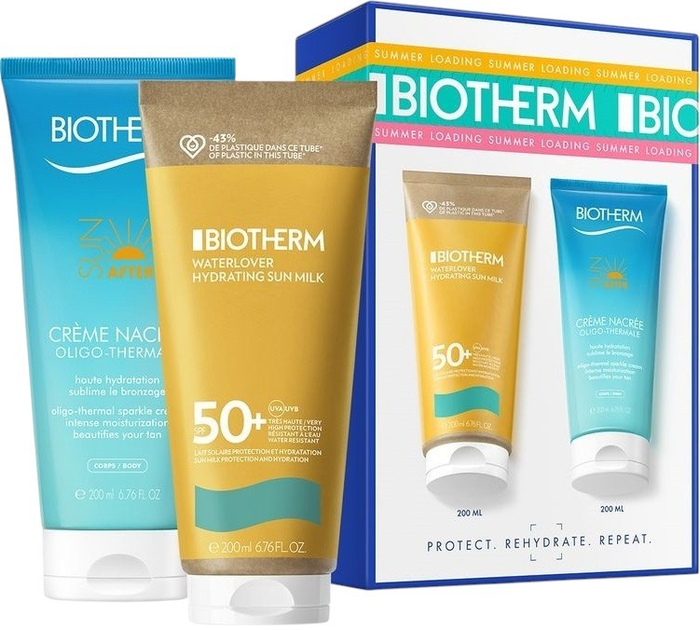 Zestaw kosmetyków do ciała Biotherm Waterlover Duo Summer Routine SPF 50 Mleczko przeciwsłoneczne 200 ml + Balsam po opalaniu 200 ml (3614274546750) - obraz 1